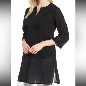 Eileen Fisher Sz XS Black Grid Texture Organic Cotton Voile Tunic Top